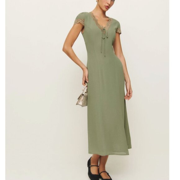 Reformation Green Midi Dress with Lace Trim - Picture 11 of 12